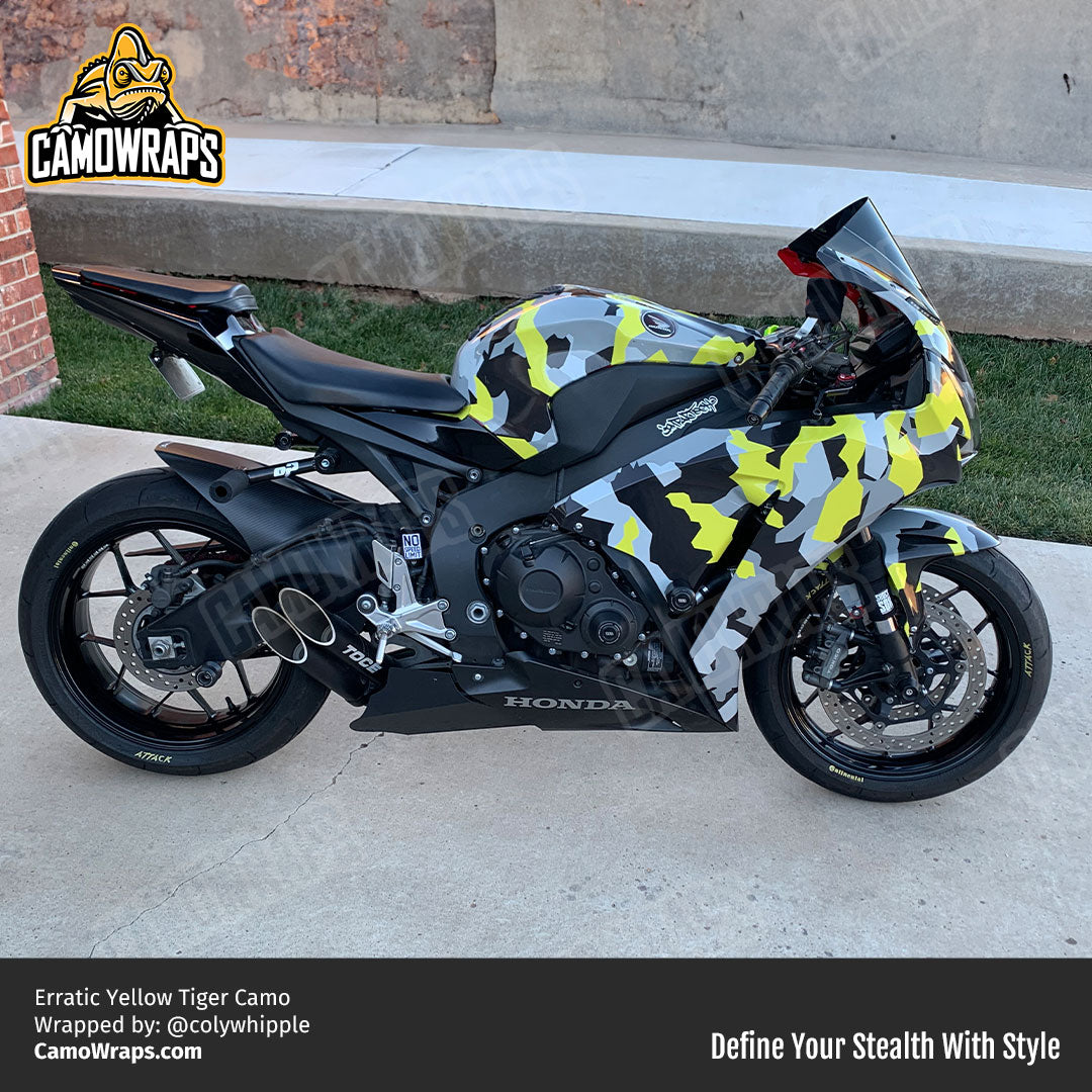 yellow camo motorcycle wrap