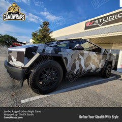 black and white camo cybertruck wrap