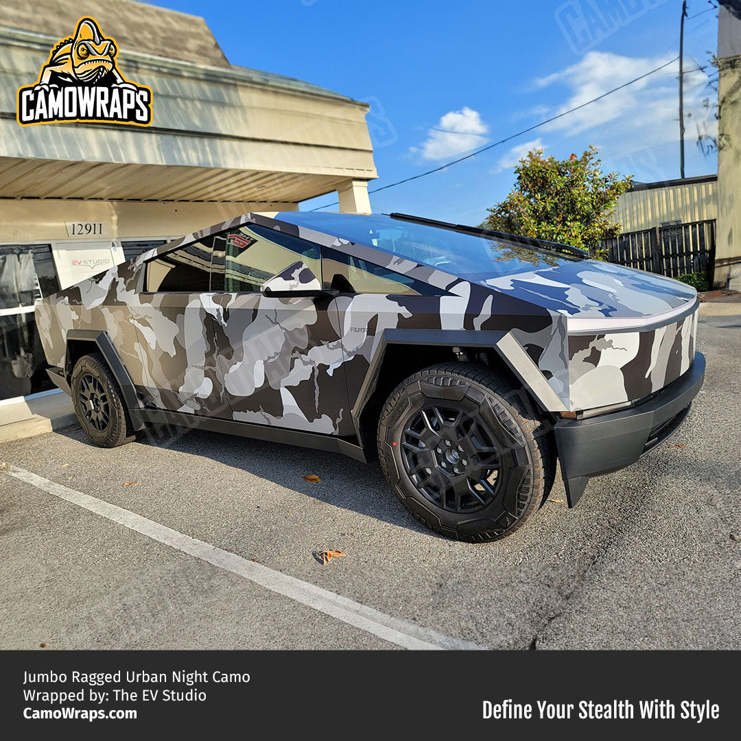 black and white camo cybertruck wrap