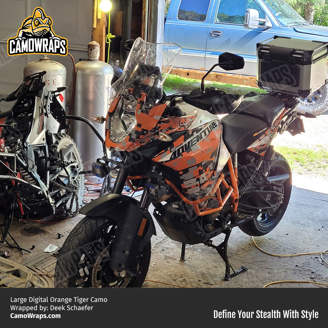 orange digital camo motorcycle wrap