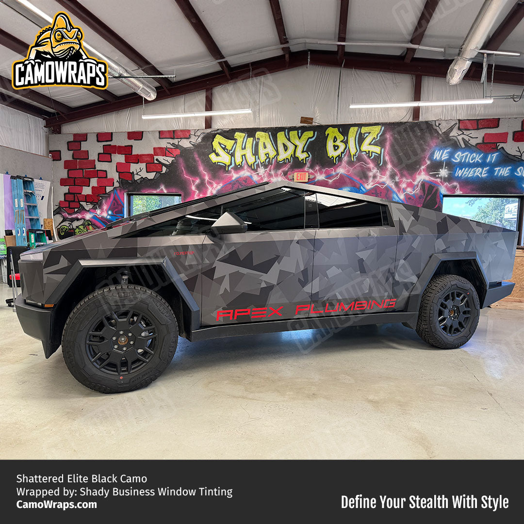 shattered black camo cybertruck wrap