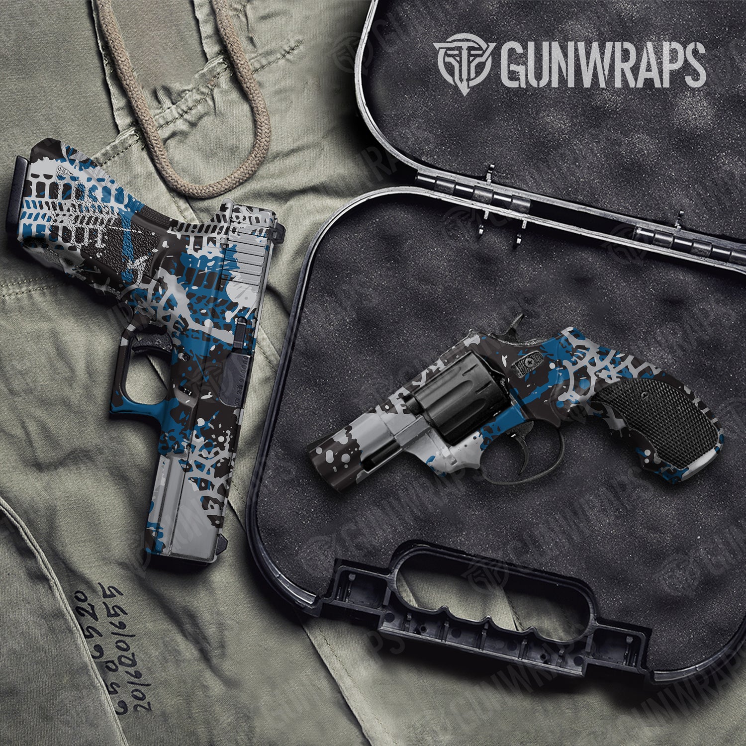 Handgun Tire Splatter Blue Tiger Camo Gun Skin Vinyl Wrap