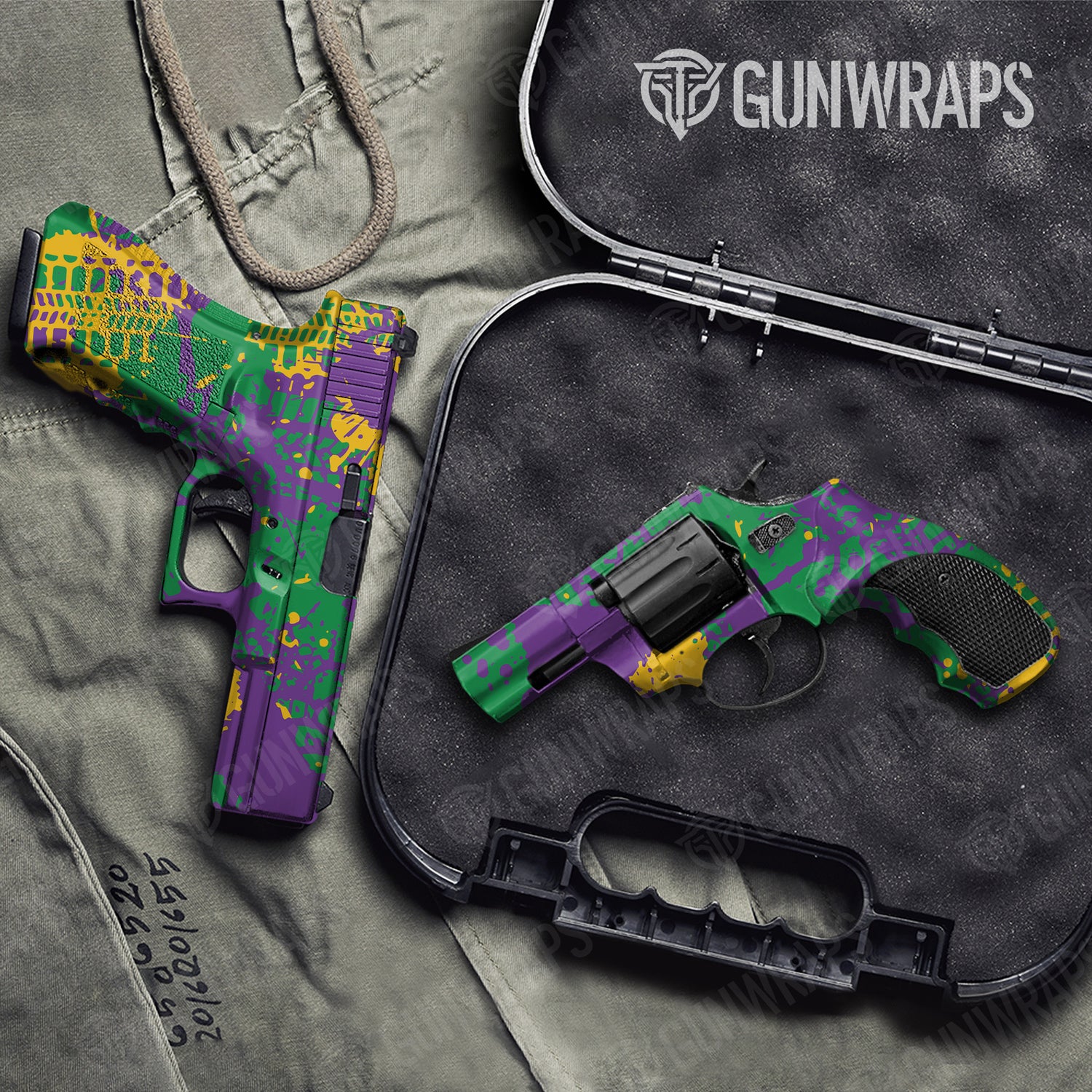 Handgun Tire Splatter Mardi Gras Camo Gun Skin Vinyl Wrap