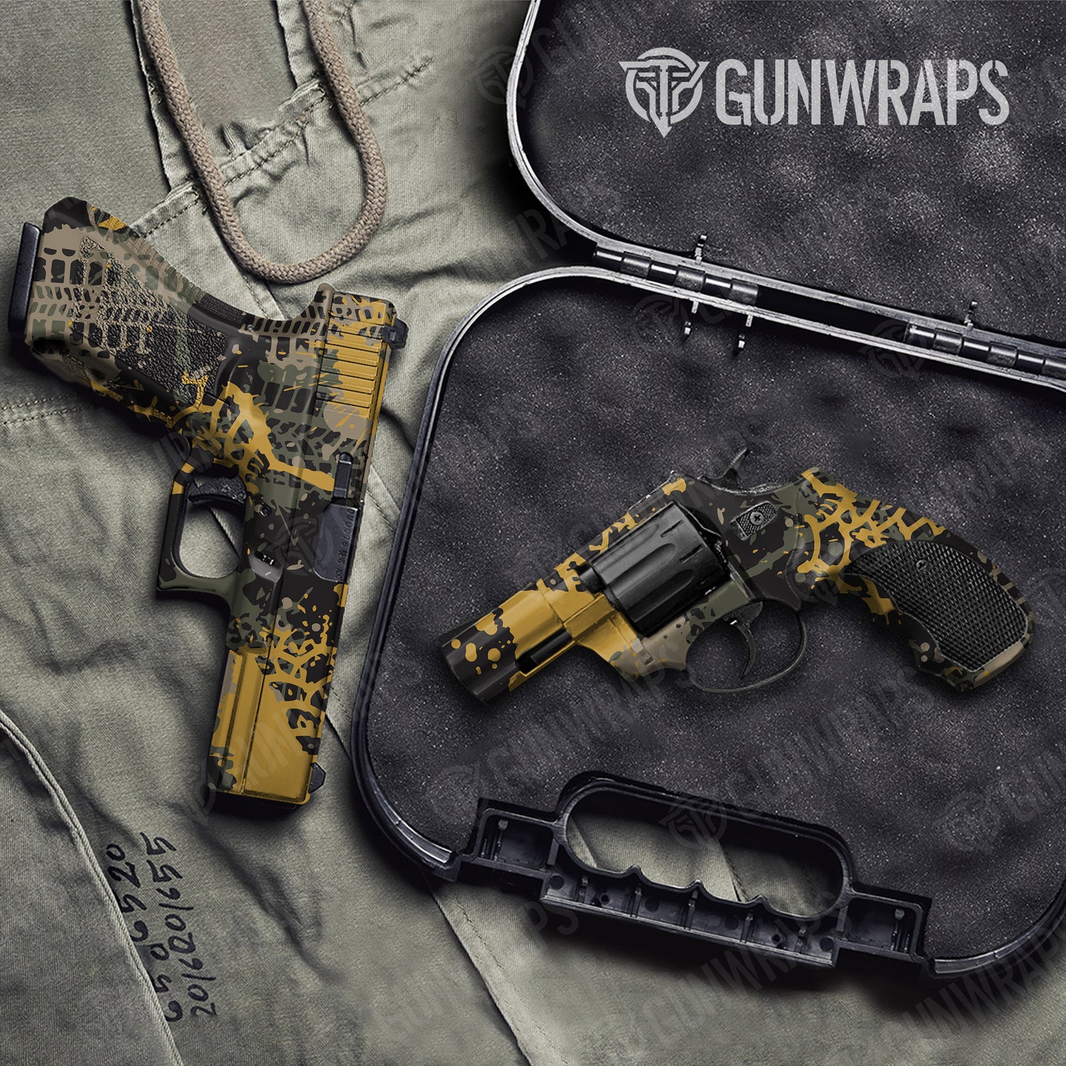 Handgun Tire Splatter Militant Yellow Camo Gun Skin Vinyl Wrap