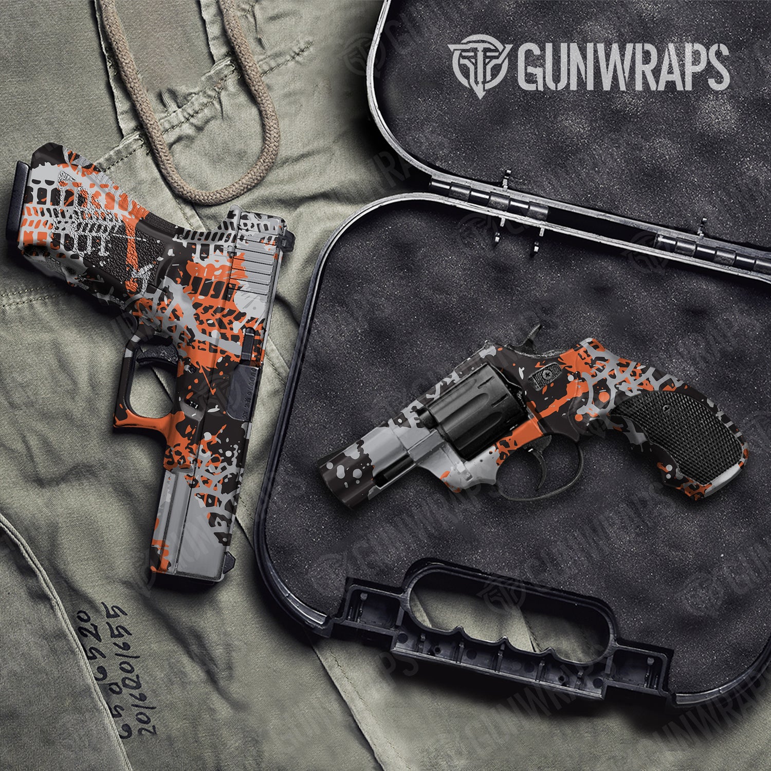 Handgun Tire Splatter Orange Tiger Camo Gun Skin Vinyl Wrap