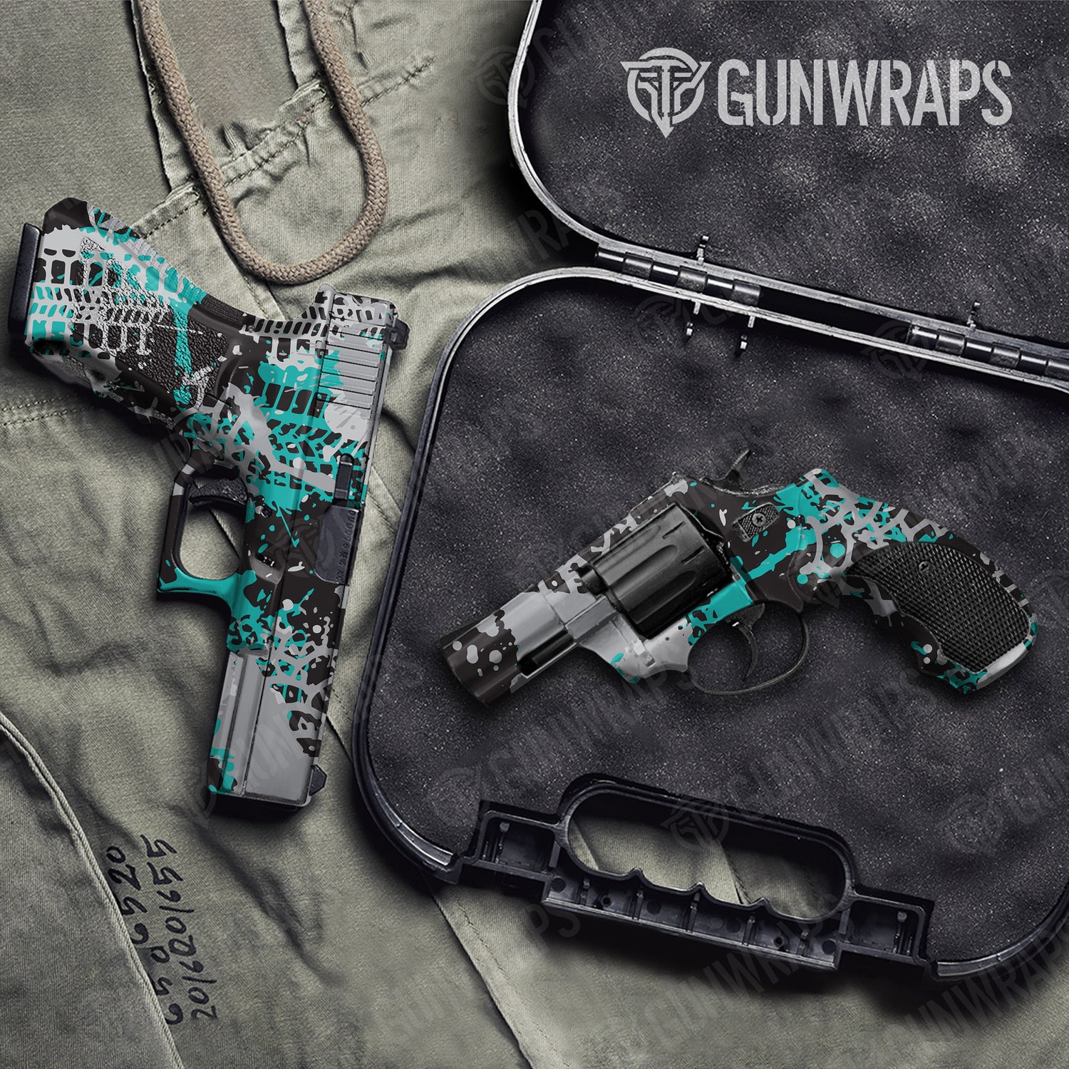 Handgun Tire Splatter Tiffany Blue Tiger Camo Gun Skin Vinyl Wrap