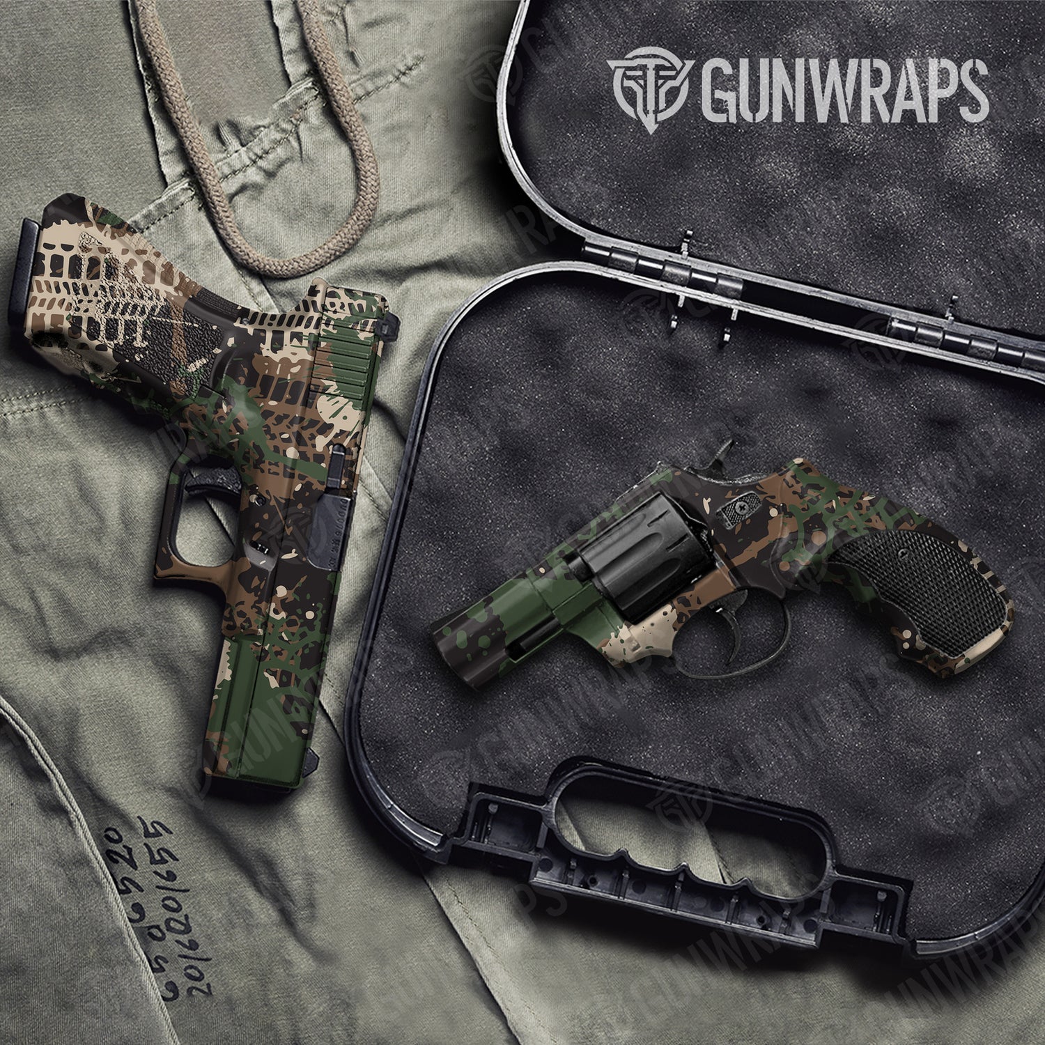 Handgun Tire Splatter Woodland Camo Gun Skin Vinyl Wrap