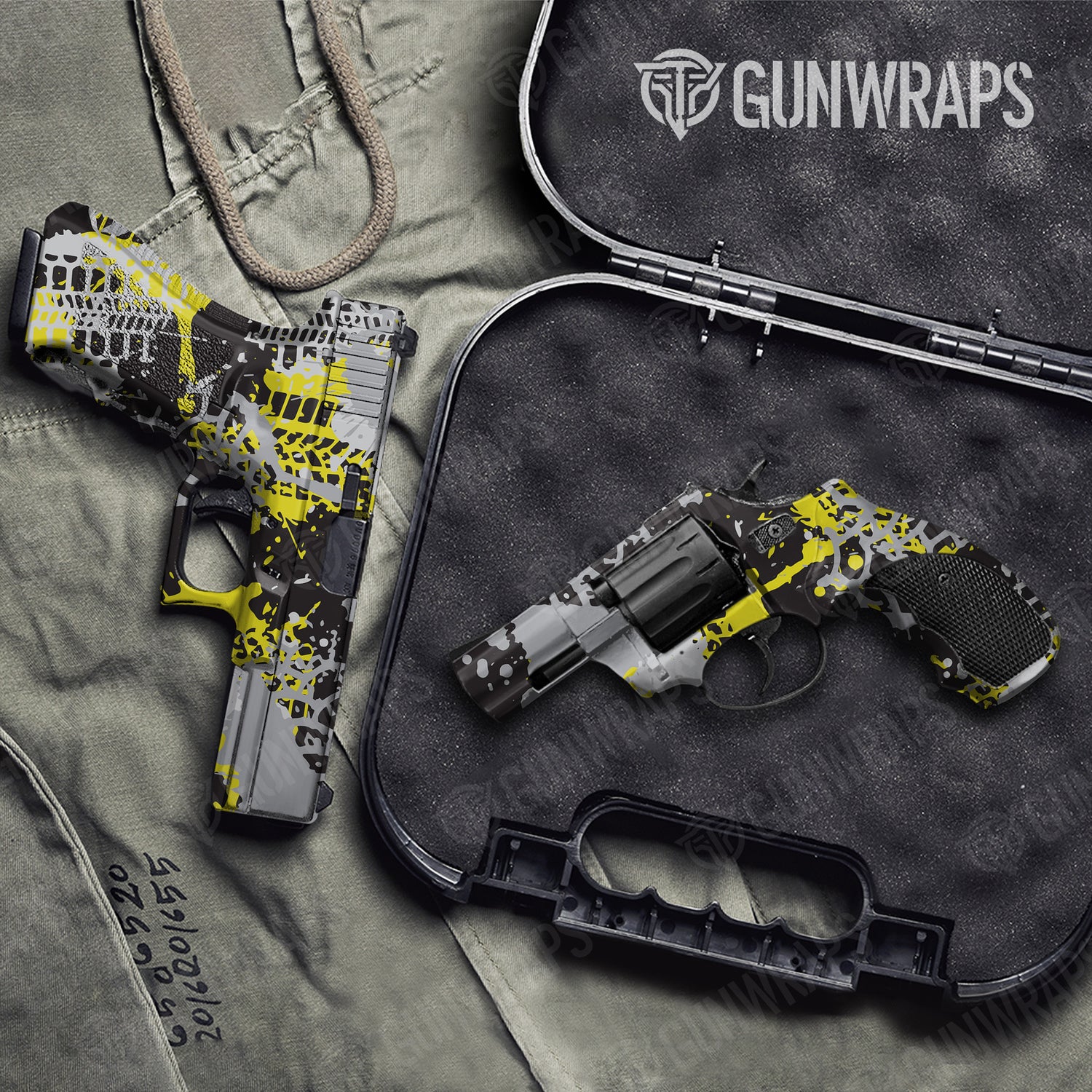 Handgun Tire Splatter Yellow Tiger Camo Gun Skin Vinyl Wrap